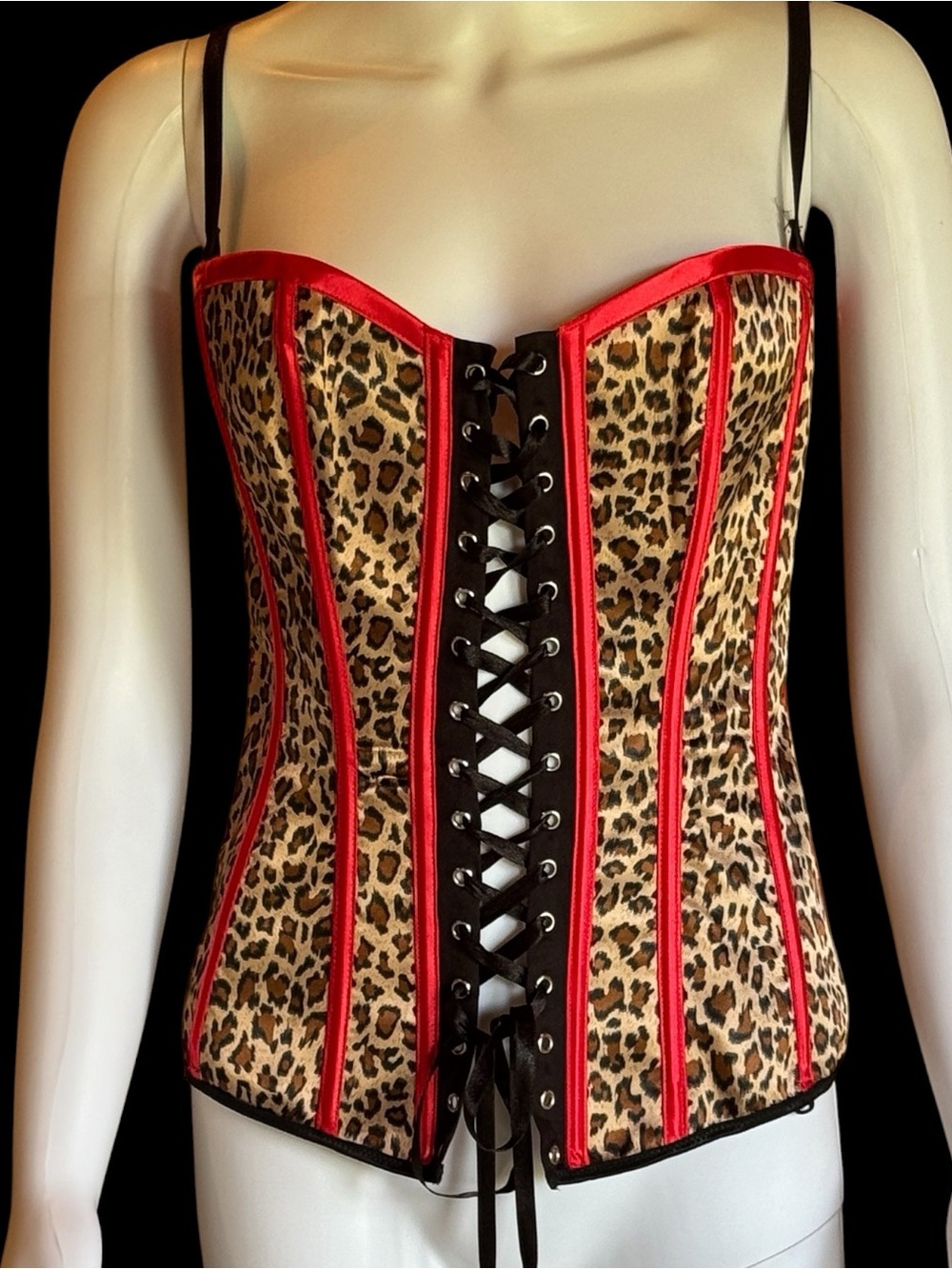 Leopard Print Overbust Corset with Red Trim